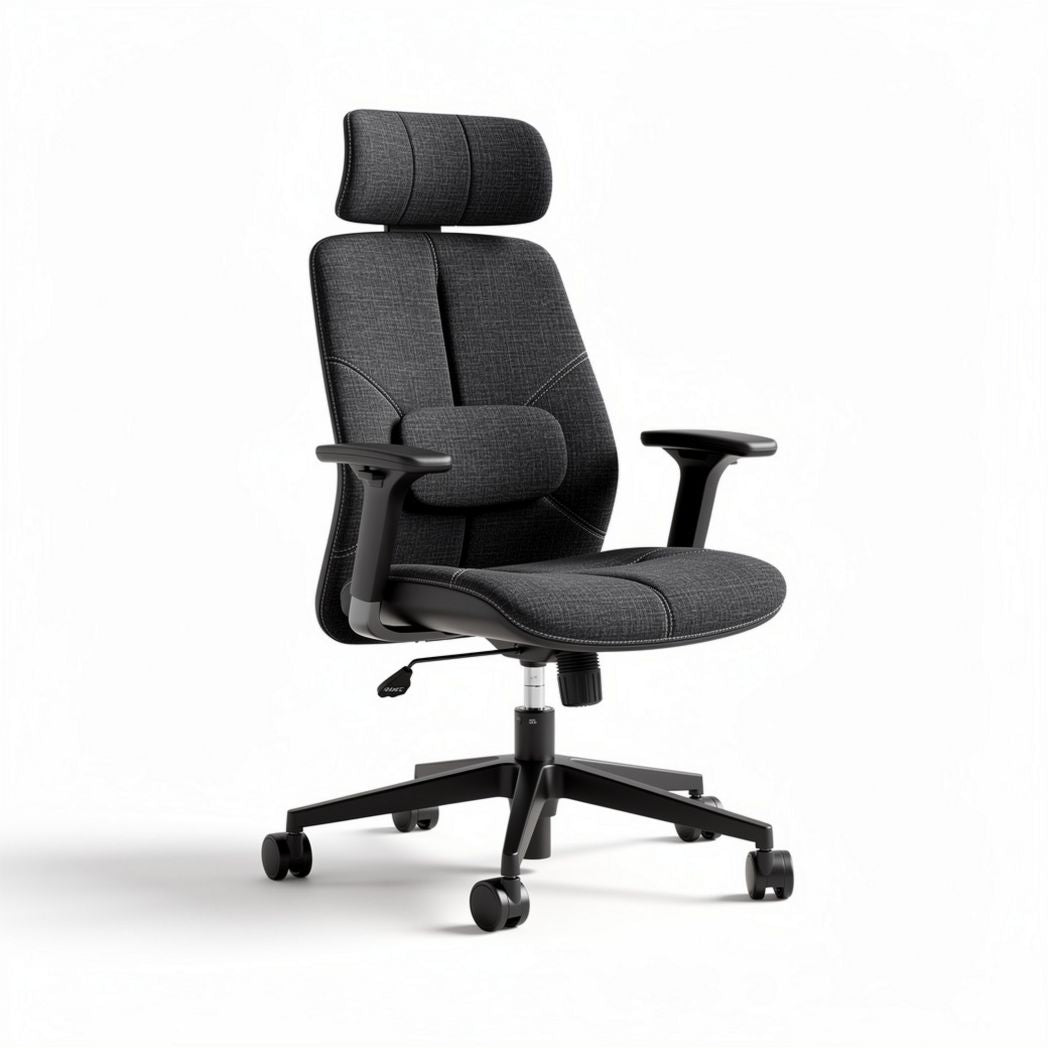 Ergonomic office chair in black fabric with adjustable headrest and lumbar support