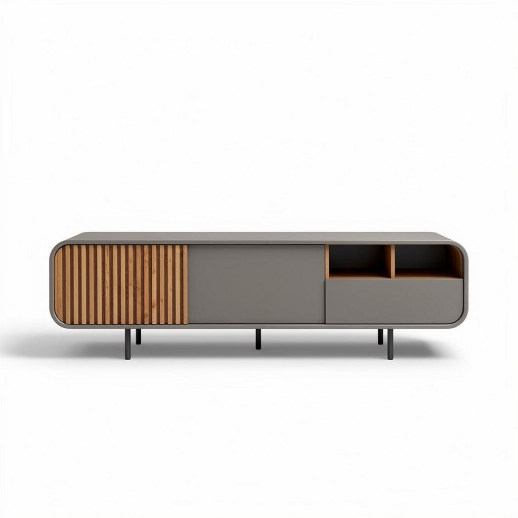 Modern media console with wooden accents in gray 150 x 40 x 50cm