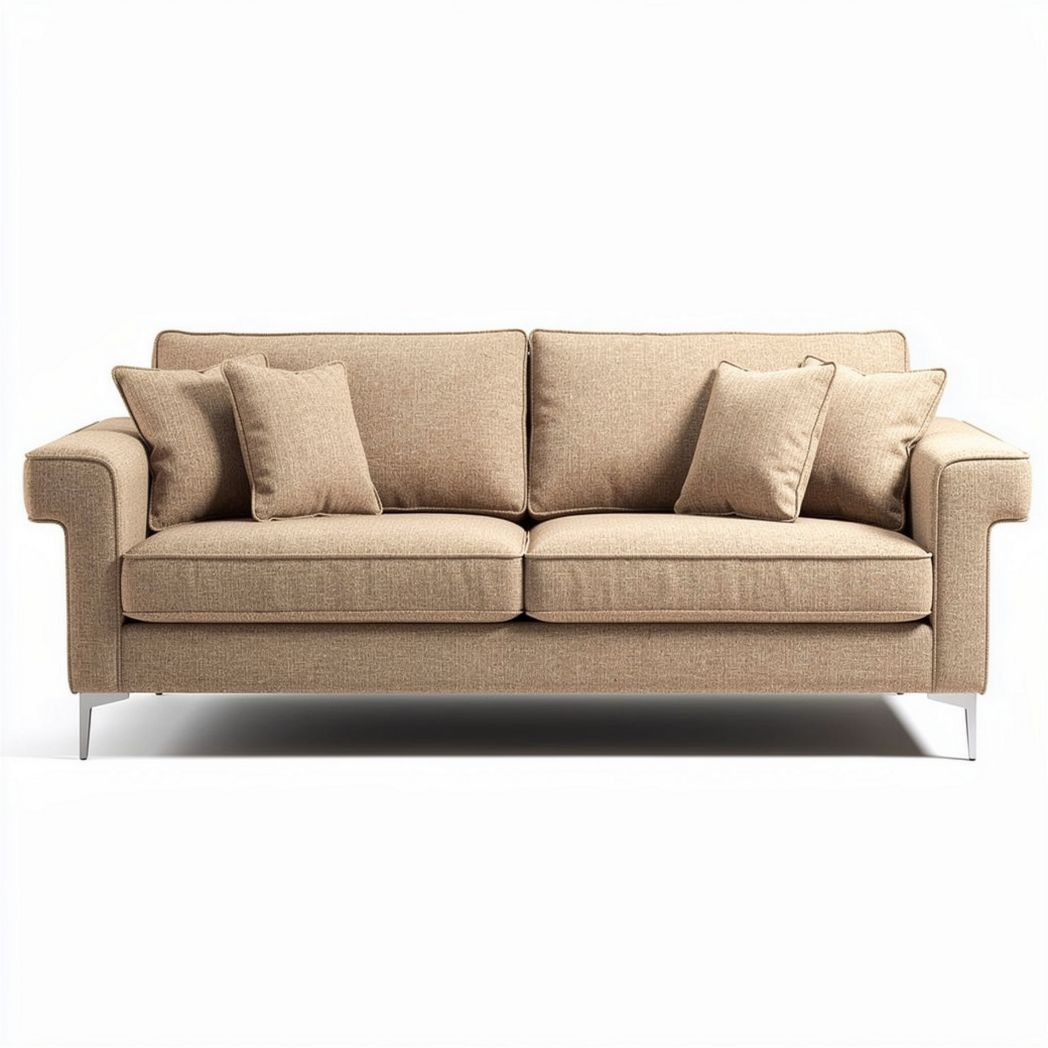 Beige linen fabric sofa with three cushions and chrome legs 200 x 90 x 80cm