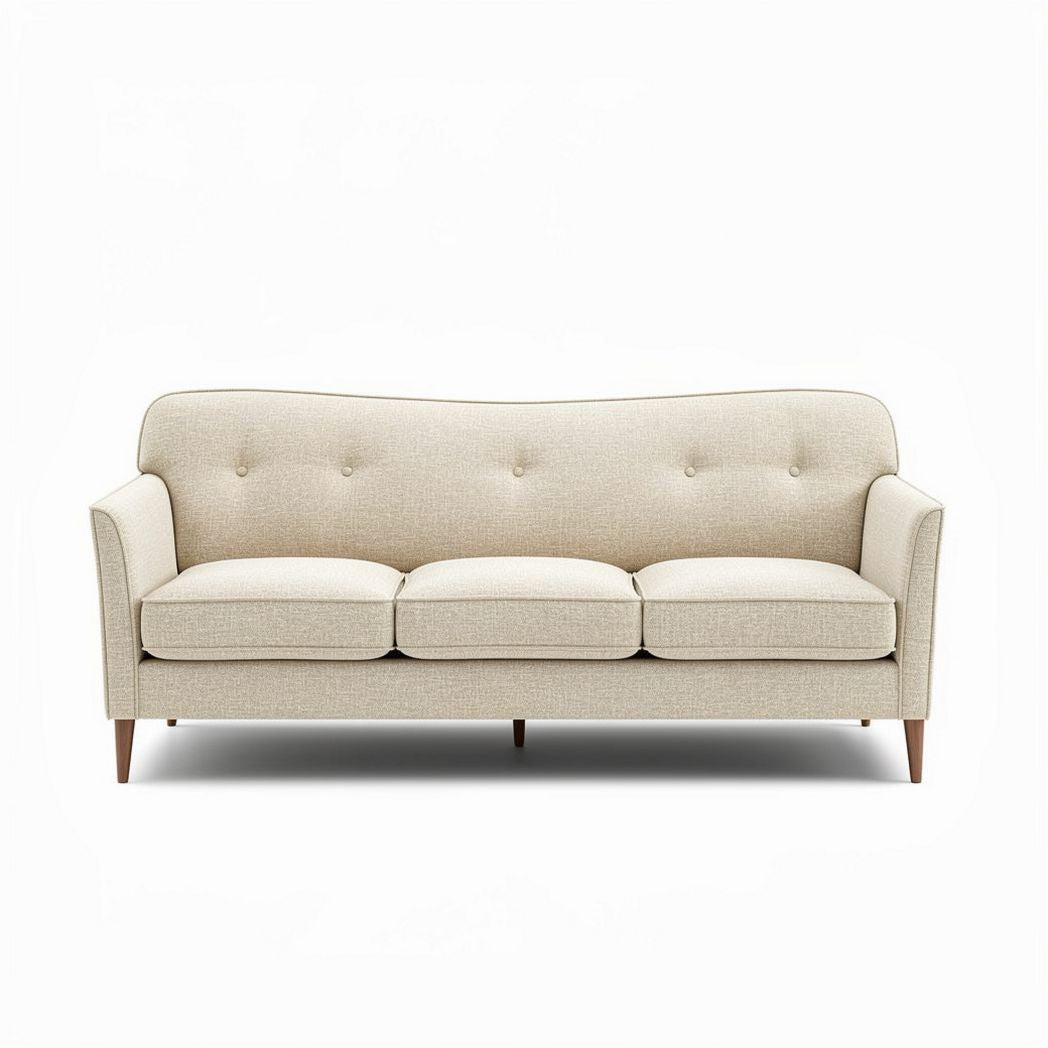Fabric three-seater sofa with button tufting and wooden legs in light beige
