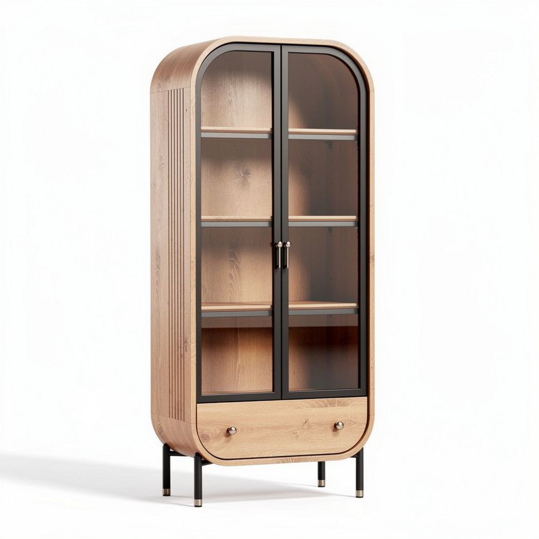 Glass door cabinet with wooden frame and metal legs 60 x 30 x 180cm