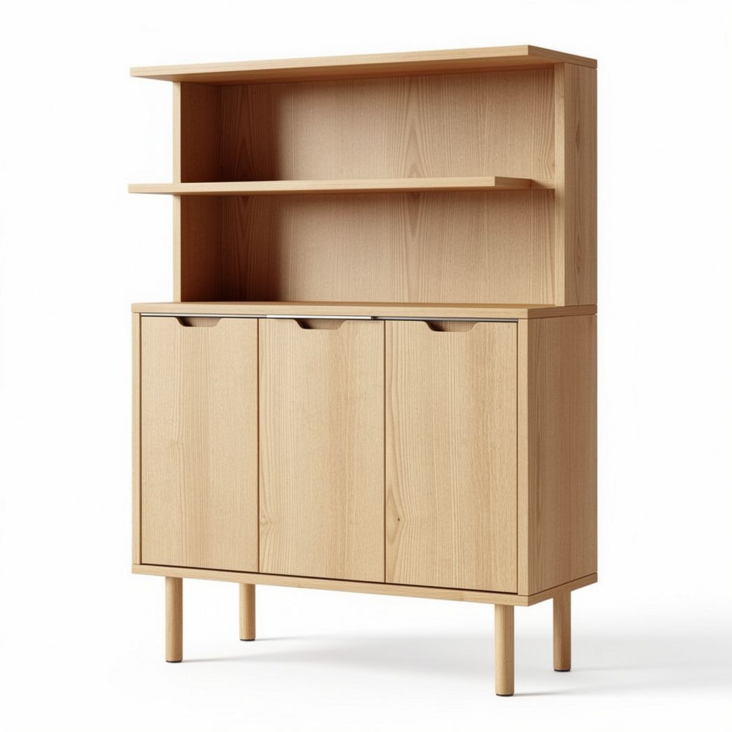 Wooden storage cabinet with open shelves and three-door design 90 x 40 x 120cm