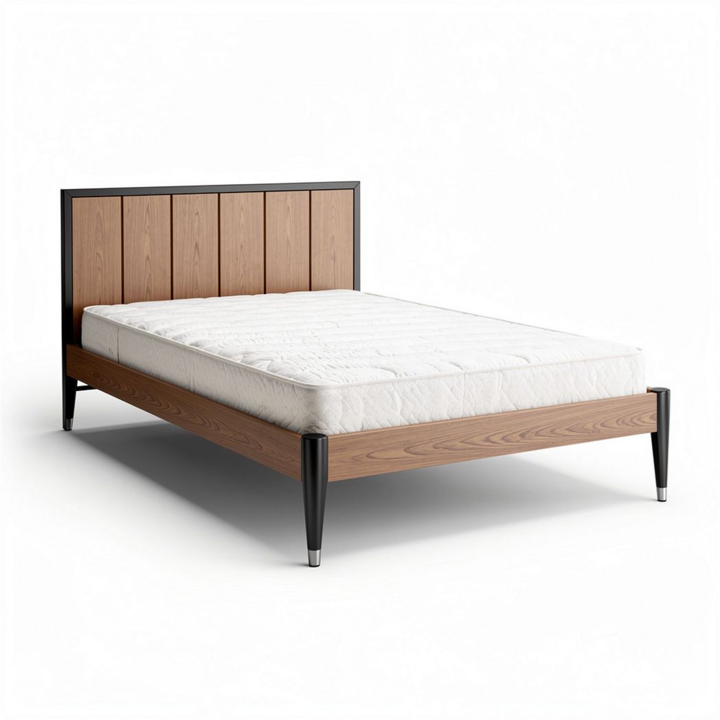 Modern wooden bed frame with upholstered headboard and sturdy metal legs 200 x 160 x 30cm