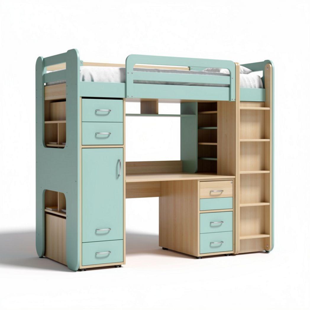 Loft bed with integrated desk and storage space in blue and natural wood finish