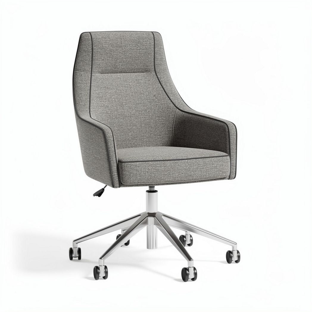 Ergonomic office chair in gray fabric with adjustable height and five caster wheels